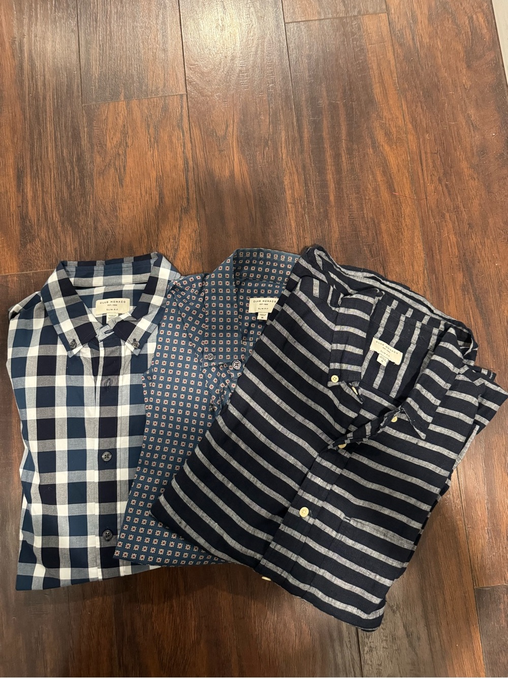 Club Monaco Men's Navy and White Patterned Button-Down Shirts (3) Slim Fit